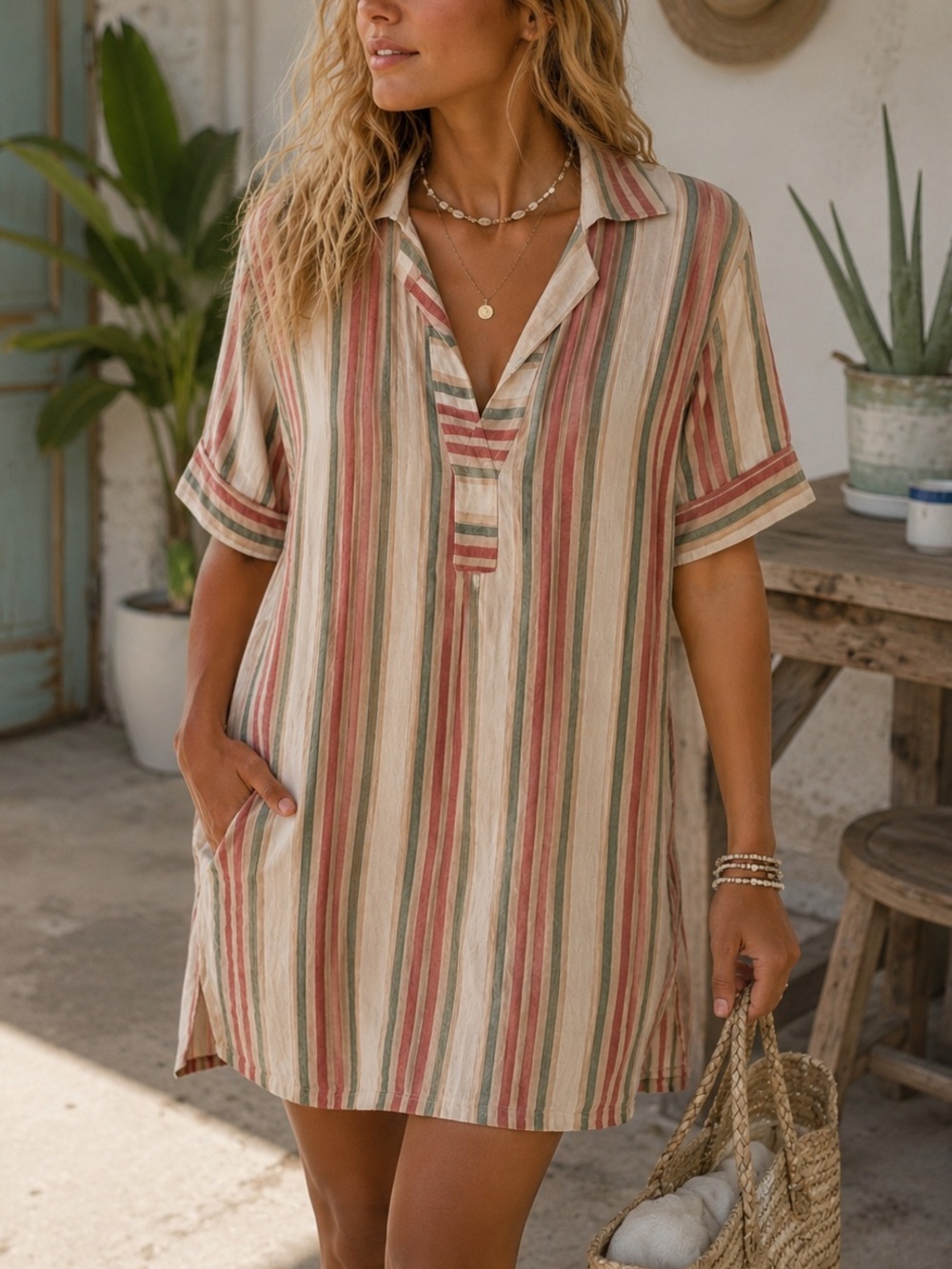 MANGO Striped Cotton Linen Dress Size 4 Small Beach Casual Summer